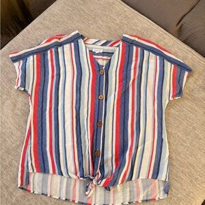 Women’s Striped Button-Front Tie Hem Top - Red, Blue & White